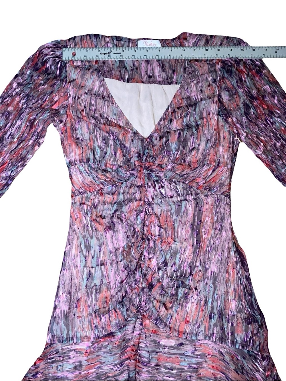 Parker 100% silk abstract Print  Ruched Midi Dress Long Sleeve High-Low Hem - Picture 4 of 13